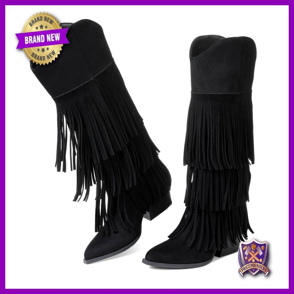 Retro Cowgirl Boots Pointed Toe Chunky Heel Fringe Western Suede Knee High